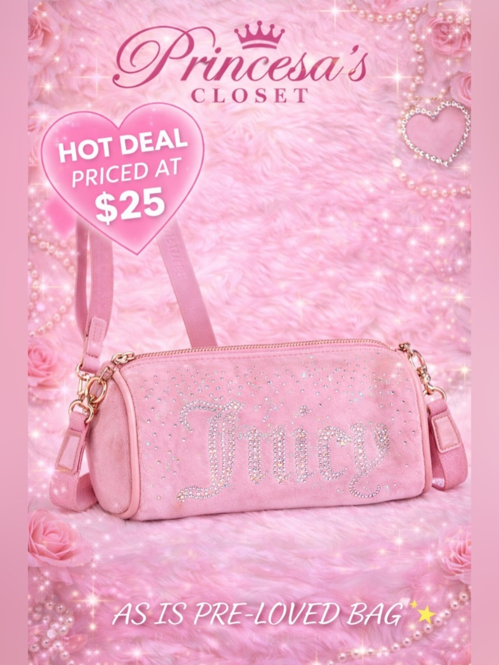 Juicy Couture, pink rhinestone crossbody bag, Y2K velour shoulder  purse🌸